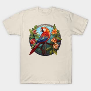 Parrot sitting on a branch mosaic style flowers around T-Shirt